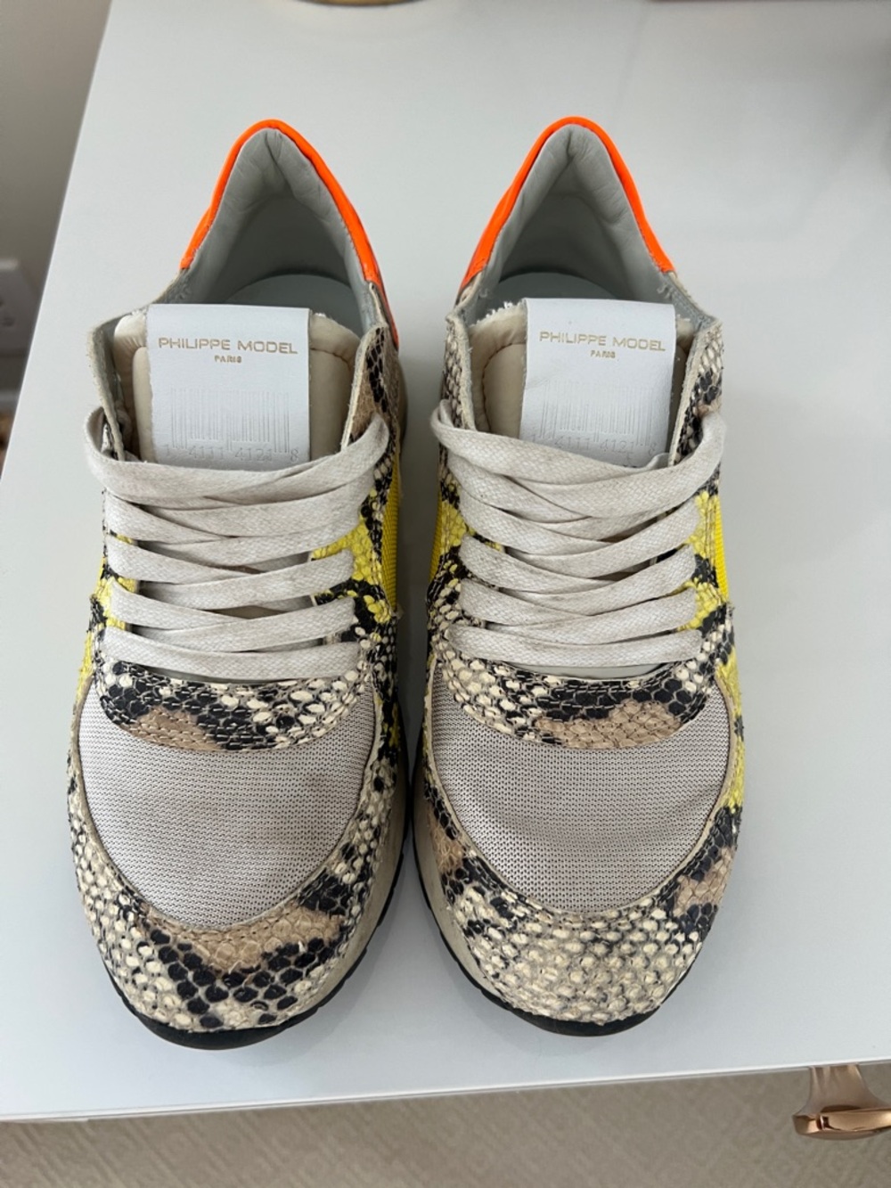 Philippe Model Beige Snake-Print & Yellow Accent Sneakers with Orange Heel
